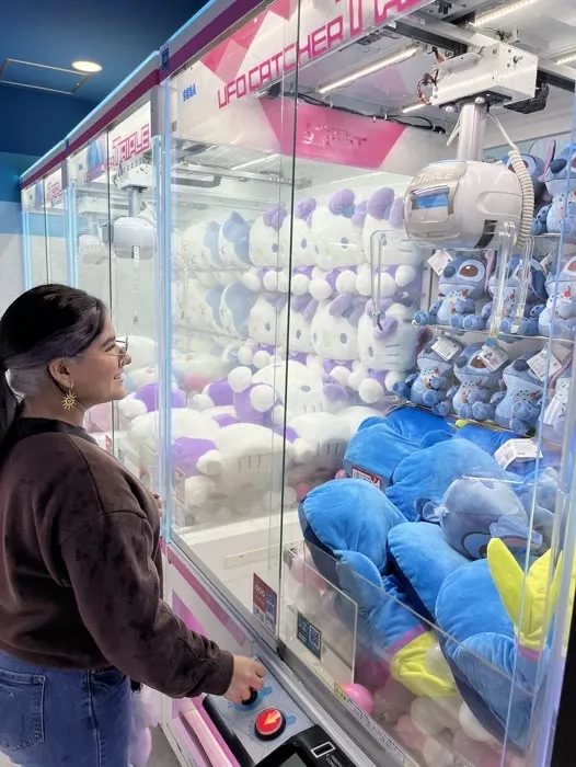 A guest eyeing the plush prizes in a claw machine
